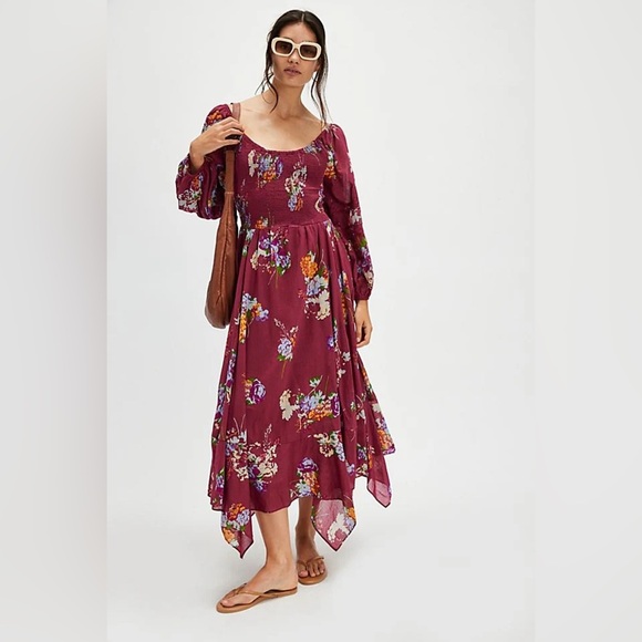 Free People Morning Glory Floral Maxi Dress Earth Red Smocked Handkerchief M - Picture 3 of 14
